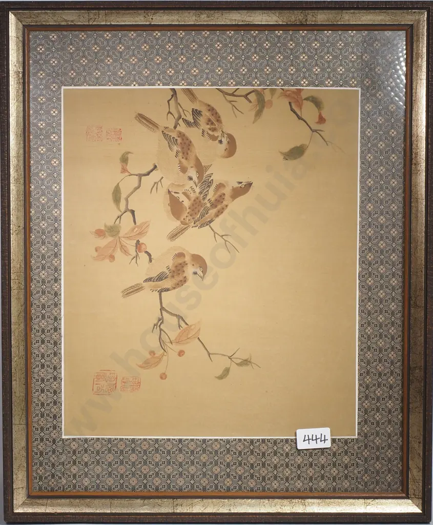 Chinese Painting on Silk w Birds on Flowering Branches w Patterned Fabric Mat Image 1++