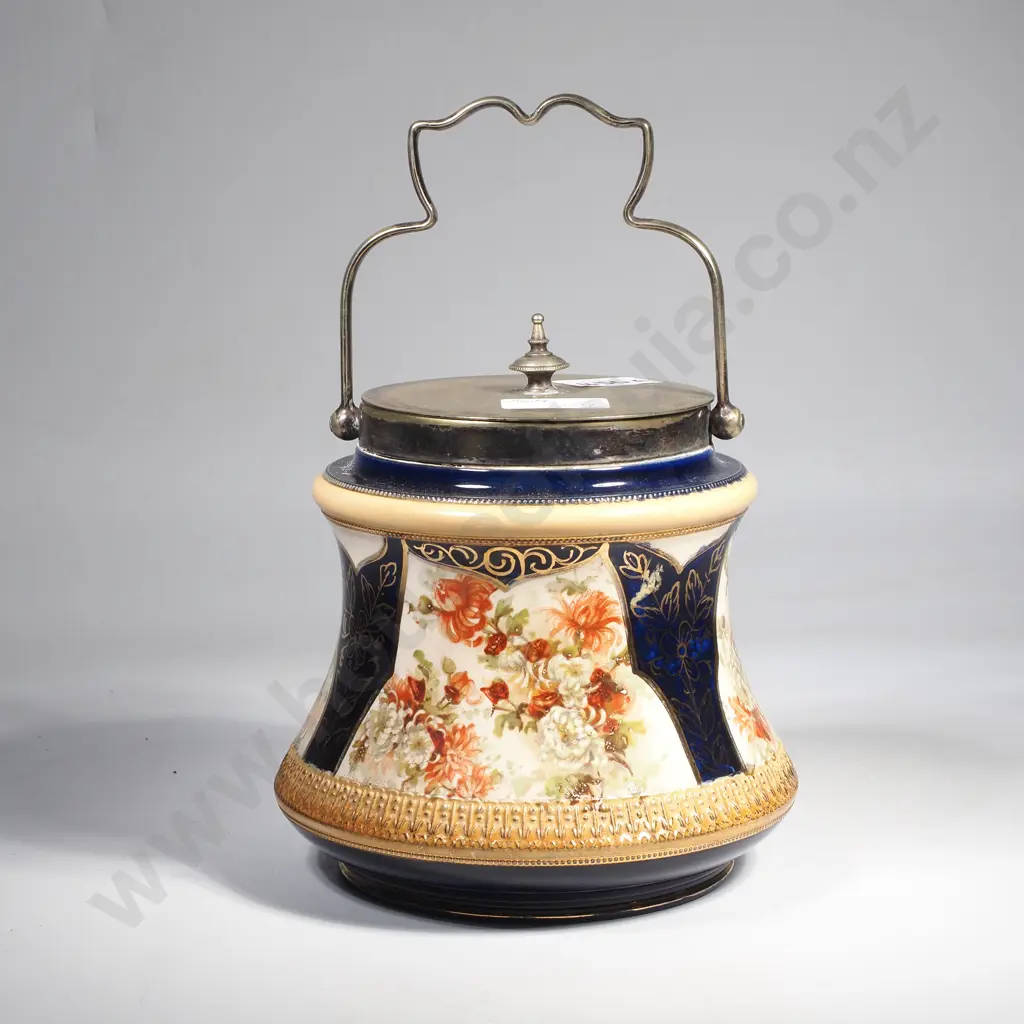 Victorian W.Wood & Co Pottery Biscuit Barrel w Plated Lid Image 1++