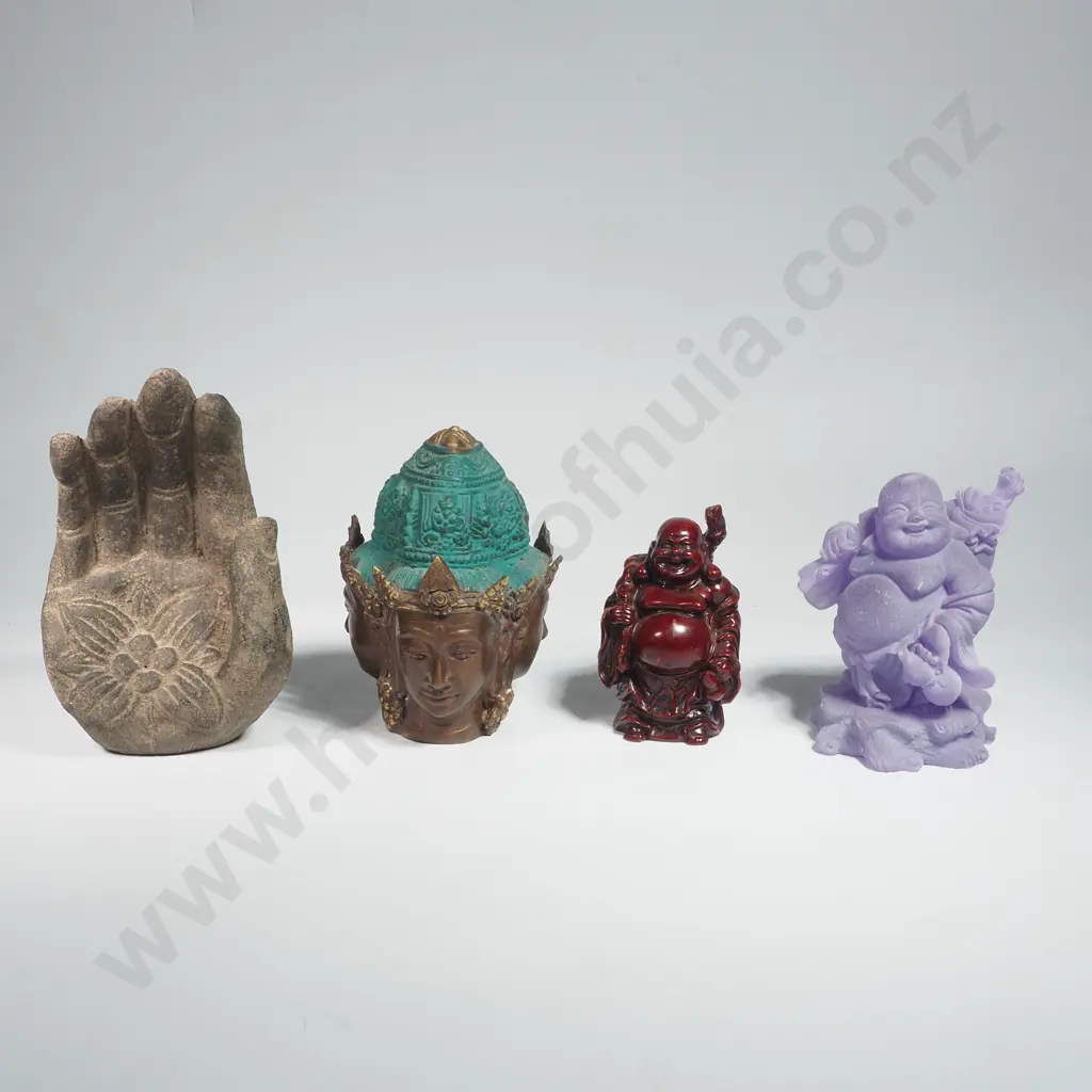 Four Oriental Items including a Bronzed Multi Faced Deity, a Stone Hand Incense Holder & Two Resin Laughing Buddhas Image 1++