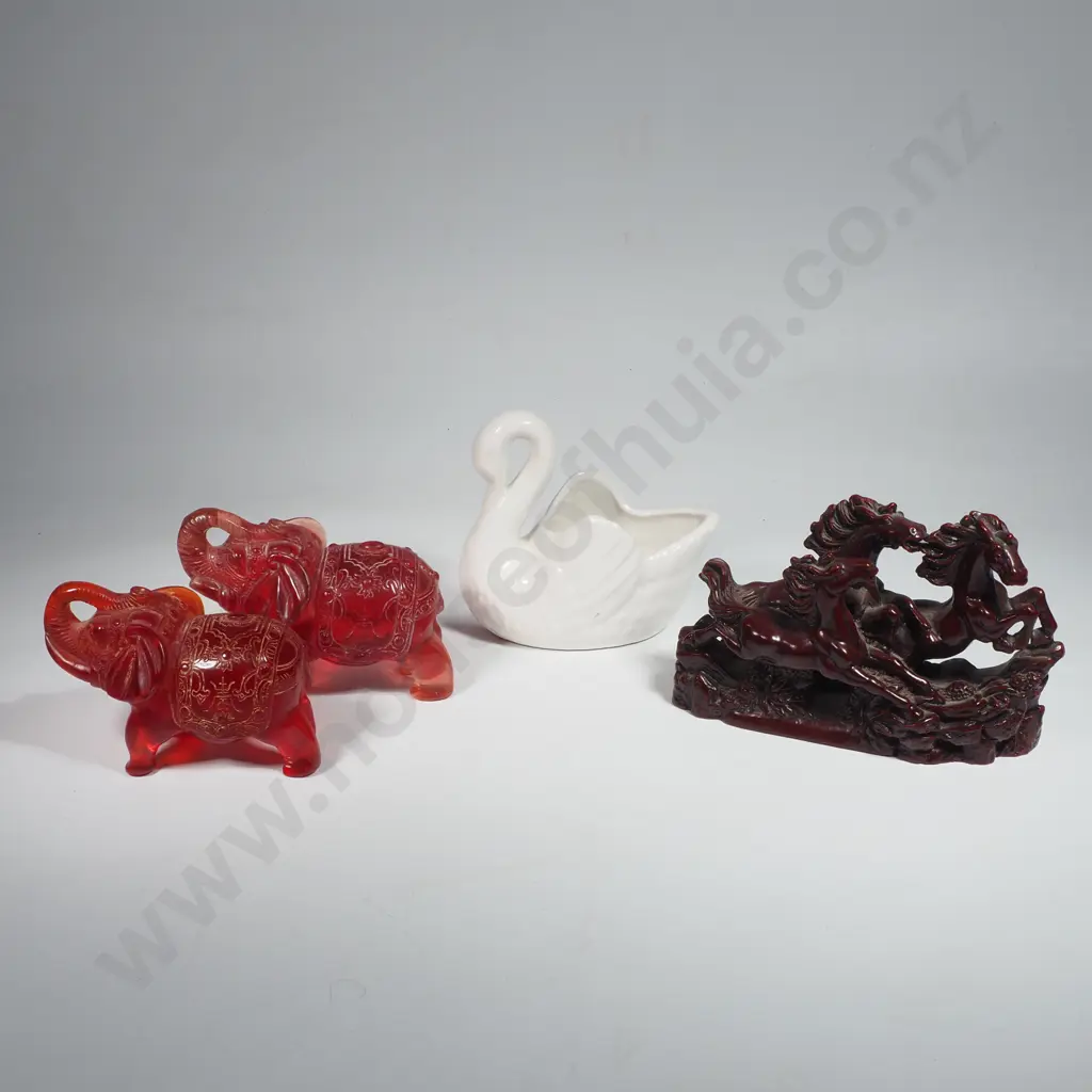 Small Ceramic Swan, Two Resin Elephants & a Resin Group of Galloping Horses Image 1++