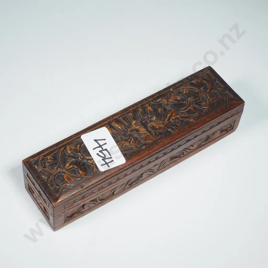 Hand Carved Rectangular Stamp Box w Floral Relief Patterns & The Interior w Four Compartments for Stamps Image 1++
