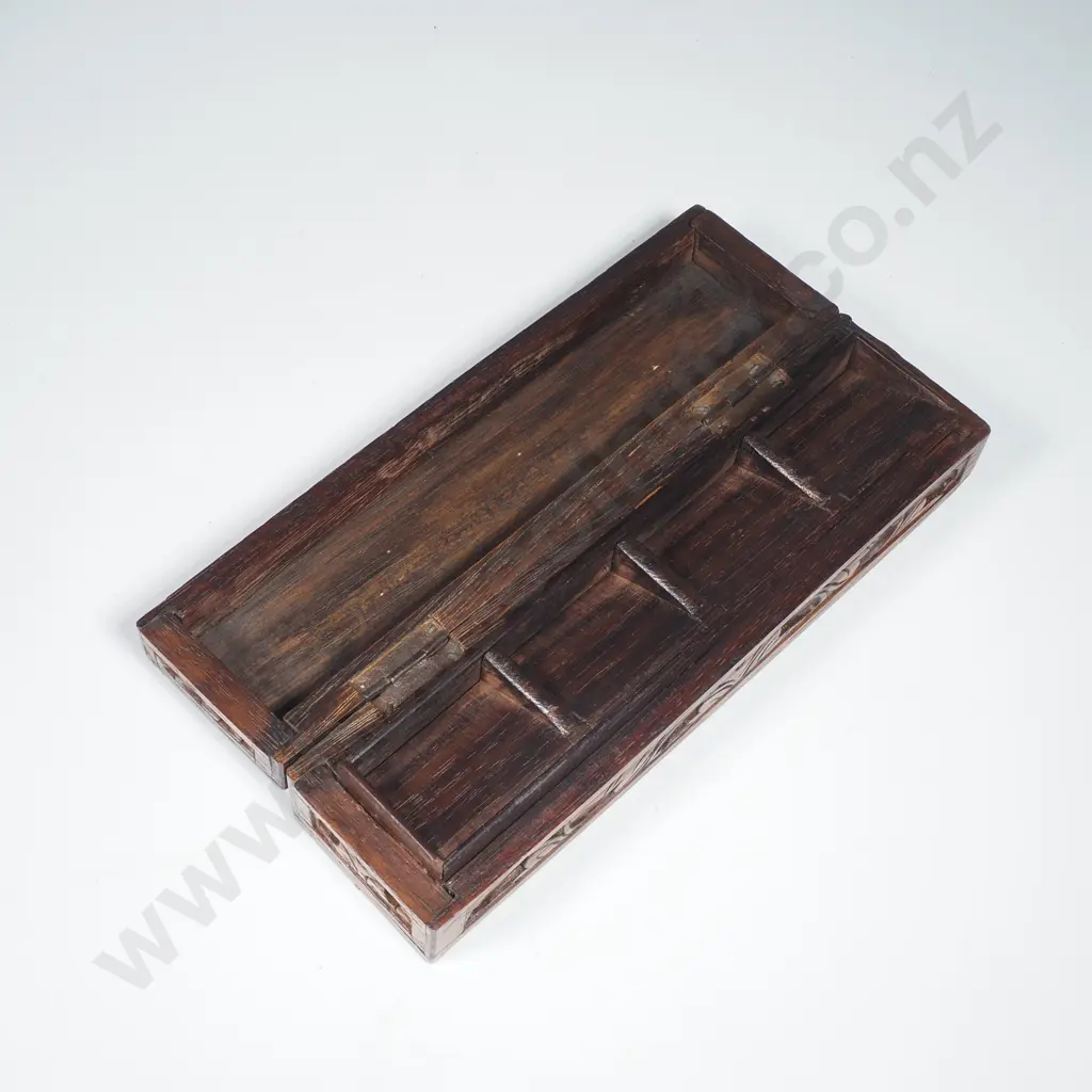 Hand Carved Rectangular Stamp Box w Floral Relief Patterns & The Interior w Four Compartments for Stamps Image 1++