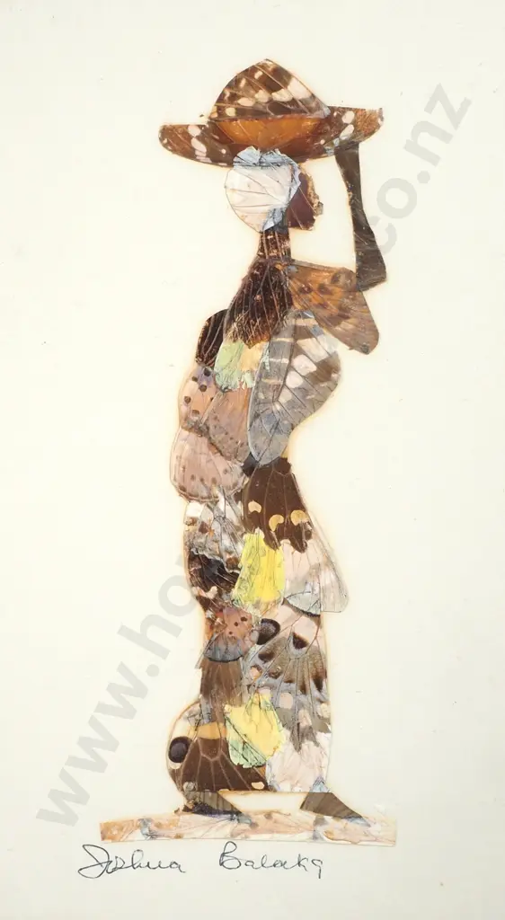 Artwork Featuring a Handmade Collage of Butterfly Wings of a Woman w A Wide Brimmed Hat & Signed Joshua Balaka Image 1++