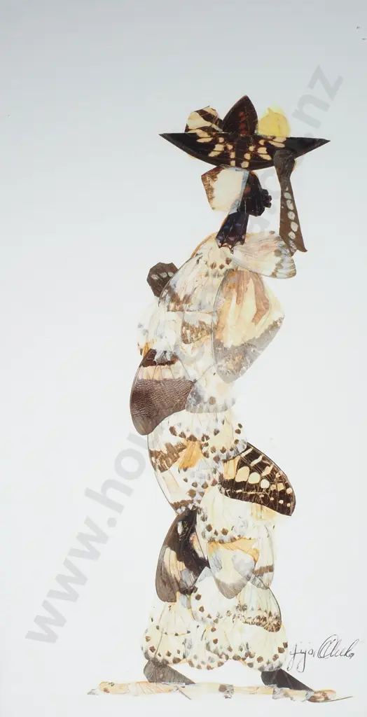 African Folk Art Collage from Butterfly Wings Depicting a Village Woman & Signed by Jija Oduka Image 1++