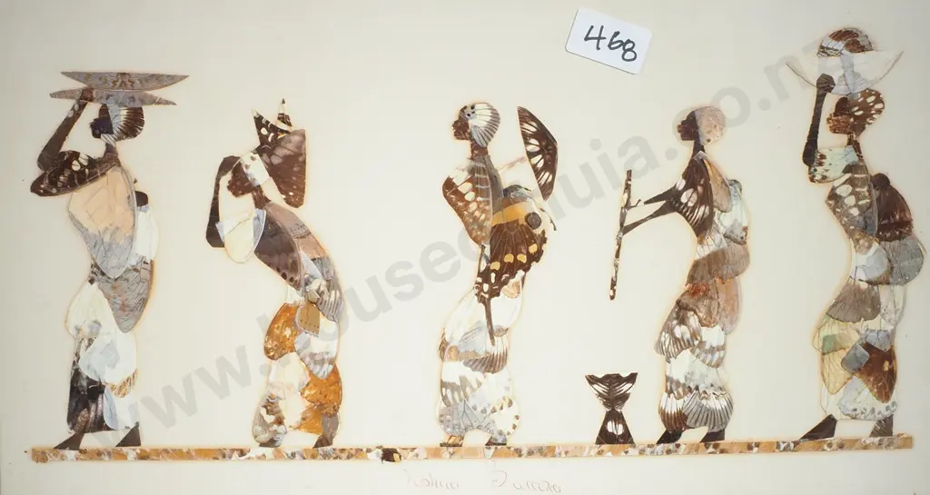 Vintage African Butterfly Wing Artwork Depicting Five Women Carrying Baskets or Performing Tasks by Joshua Balaka Image 1++