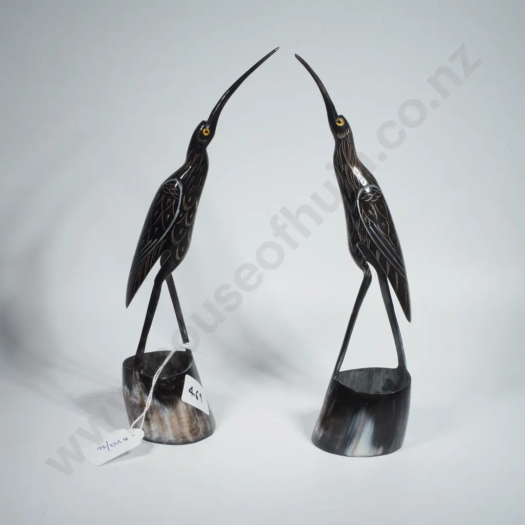 Pair of Carved Ox Horn Figures of Cranes Image 1++