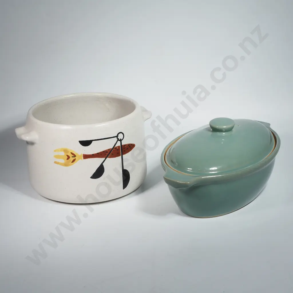 Vintage West Bend USA Stoneware Bean Pot in the Utensil Pattern & a Denby Manor Green Casserole Dish Image 1++