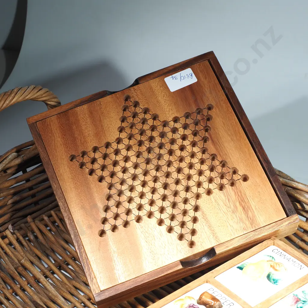 Vintage Wooden Spice Rack w Four Embossed Ceramic Spice Shakers a/f & a Chinese Checkers Board Game w Star Shape Pattern Image 1++