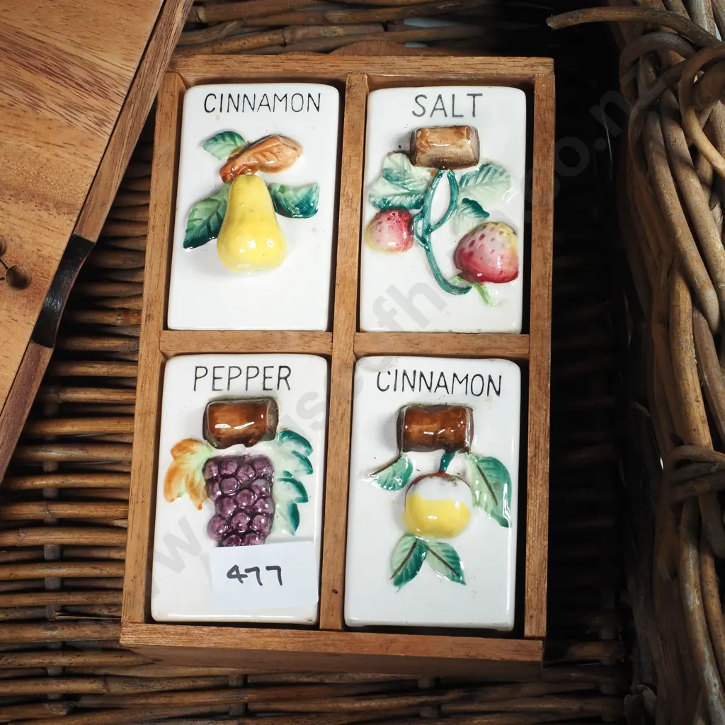 Vintage Wooden Spice Rack w Four Embossed Ceramic Spice Shakers a/f & a Chinese Checkers Board Game w Star Shape Pattern Image 1++