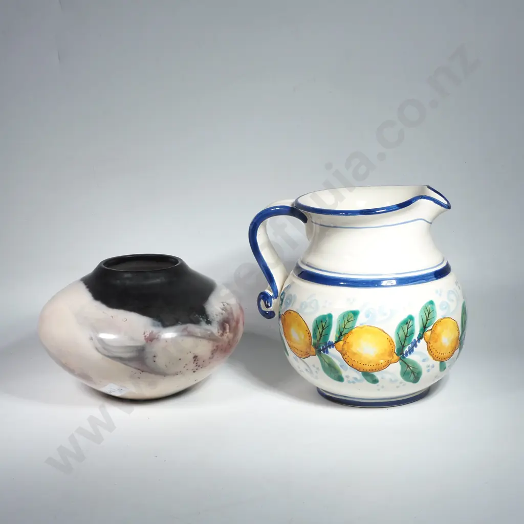 Italian Style Pottery Water Jug w Lemon Decoration & a Pottery Vase w Mottled Cream Body Image 1++