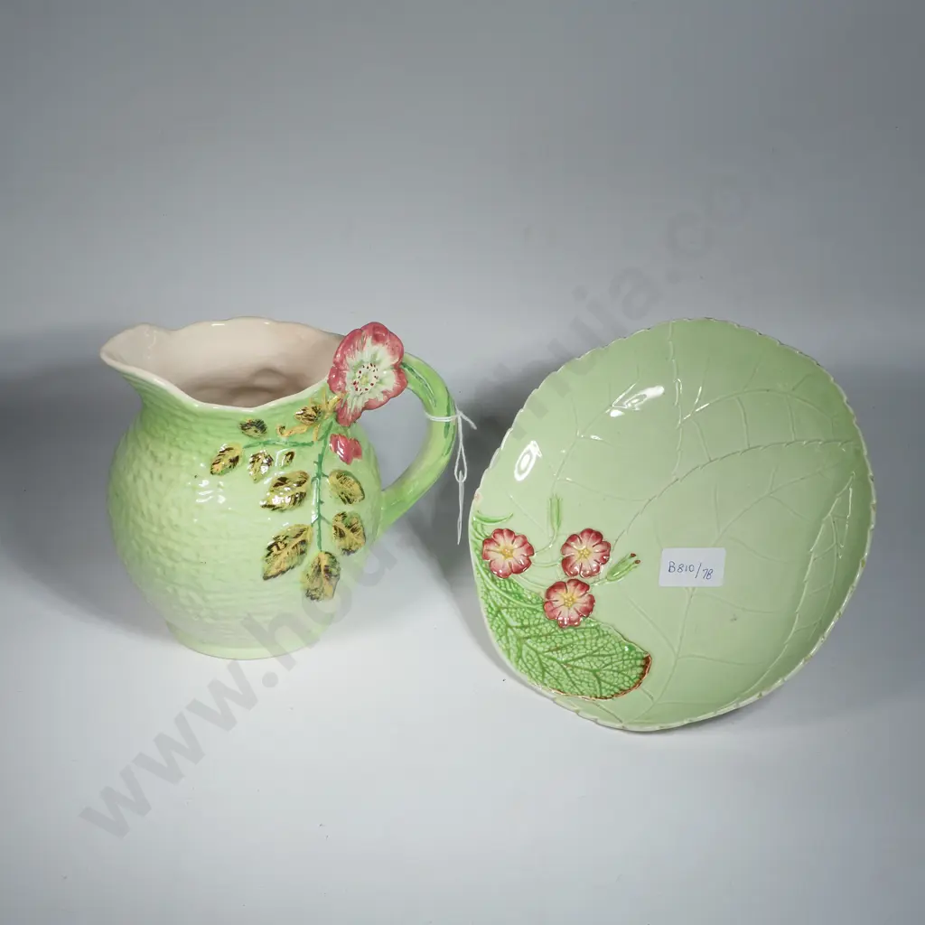 Vintage Carlton Ware Green Leaf Plate w Primula & a Shorter & Son "Wild Rose" Pitcher Image 1++