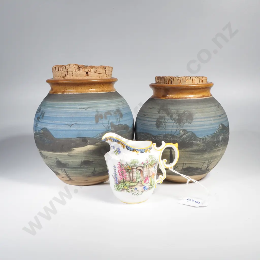 Two Seaward Pottery Bowls by Juanita Edelmann w Landscape of Trees & Birds & w a Cork Lid & an Aynsley Jug Image 1++