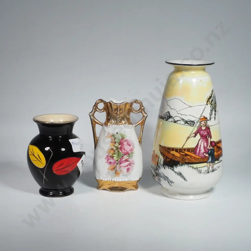 Burleigh Ware 'River Scenes' Vase, Small Mid Century German Scheurich Flower Vase & an Antique Vase w Rose Decoration Image 1++