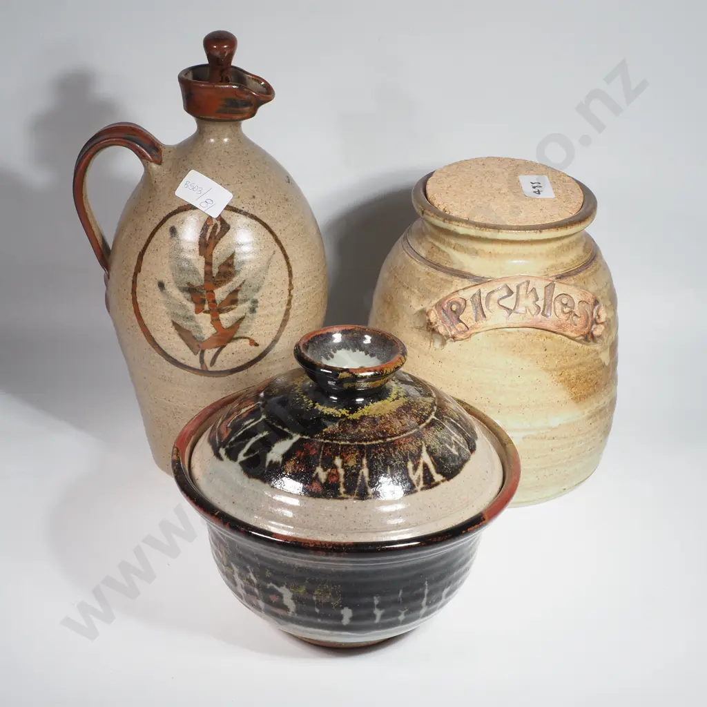 NZ Stoneware Stoppered Flagon, Casserole Pot & Jar Image 1++