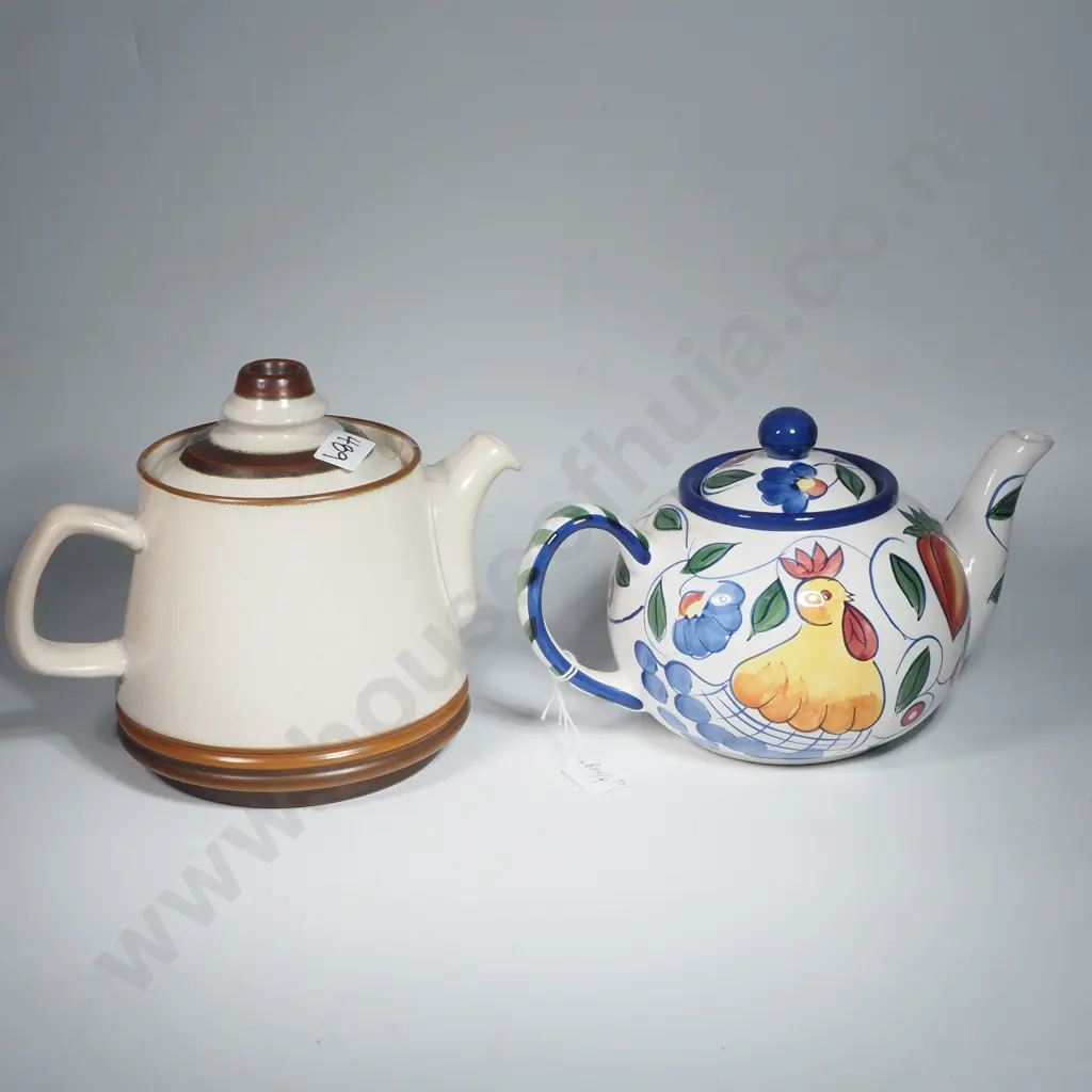 Denby Potters Wheel Stoneware Teapot in Speckled Oatmeal & Brown Ring Pattern & a Large Royal Norfolk H/P Fruit Teapot Image 1++