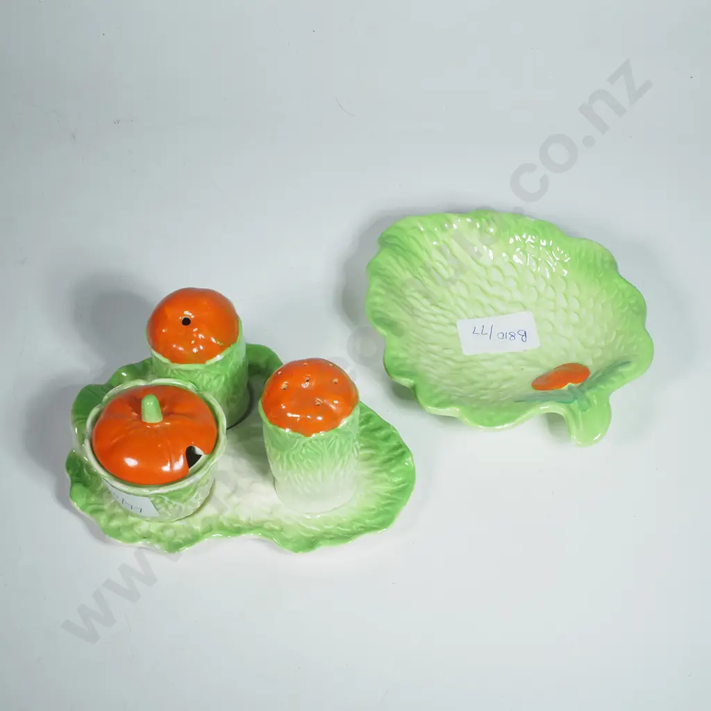 Vintage Three Piece China Cruet Midwinter Set w Bright Orange Tomato Tops on a Leaf Base & a Midwinter Small Leaf Dish Image 1++