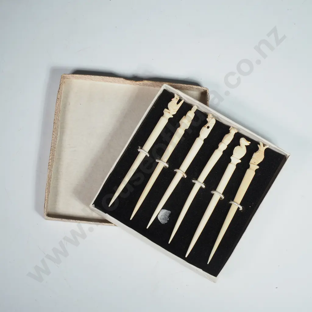 Vintage Chinese Carved Ivory Cocktail Picks - Boxed Image 1++