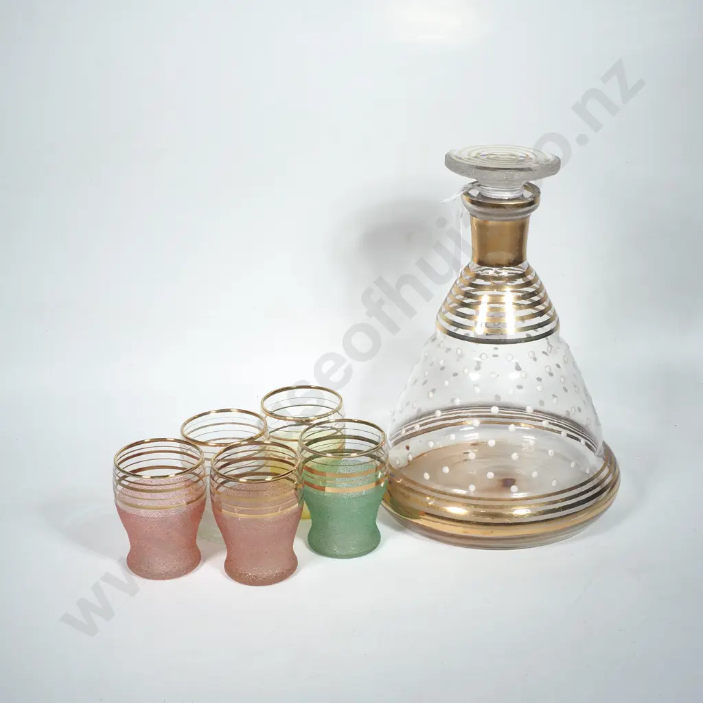Vintage Glass Liqueur Decanter w Flared Base, Gold Bands & White Dots & Five Sugar Frosted Shot or Liqueur Glasses Image 1++