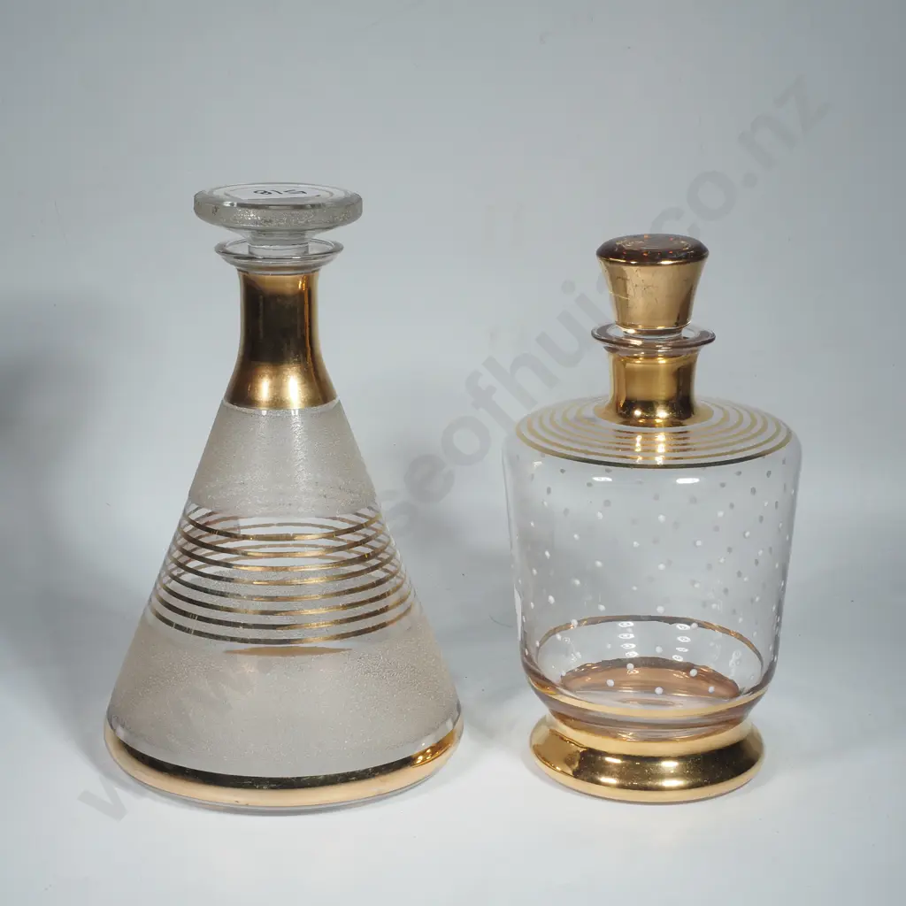 Mid Century Modern Frosted Decanter w Gold Bands & an Art Deco Glass Liqueur Decanter w White Dots & Gold Trims Image 1++