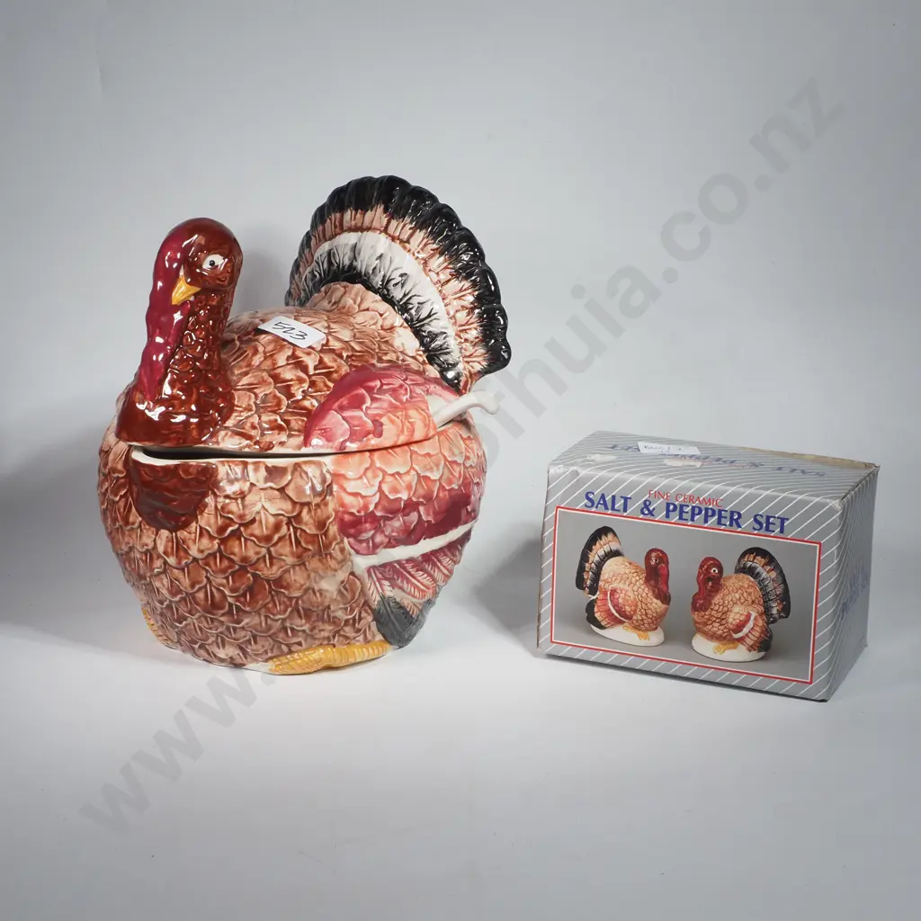 Vintage Ceramic Lidded Turkey Soup Tureen & a Matching Salt & Pepper Shaker Image 1++