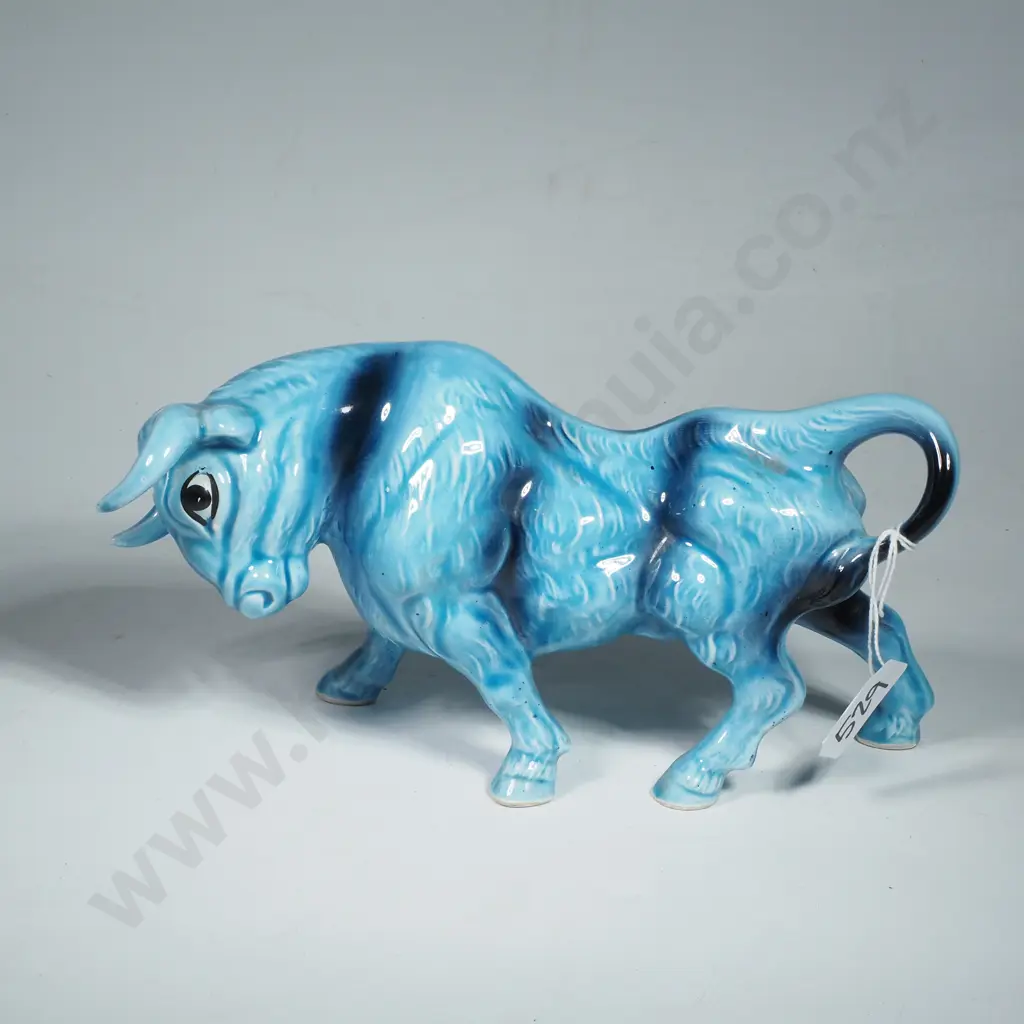 Stylised Blue Ceramic Bull Figure w Glossy Finish & Mottled Pattern to Glazing Image 1++