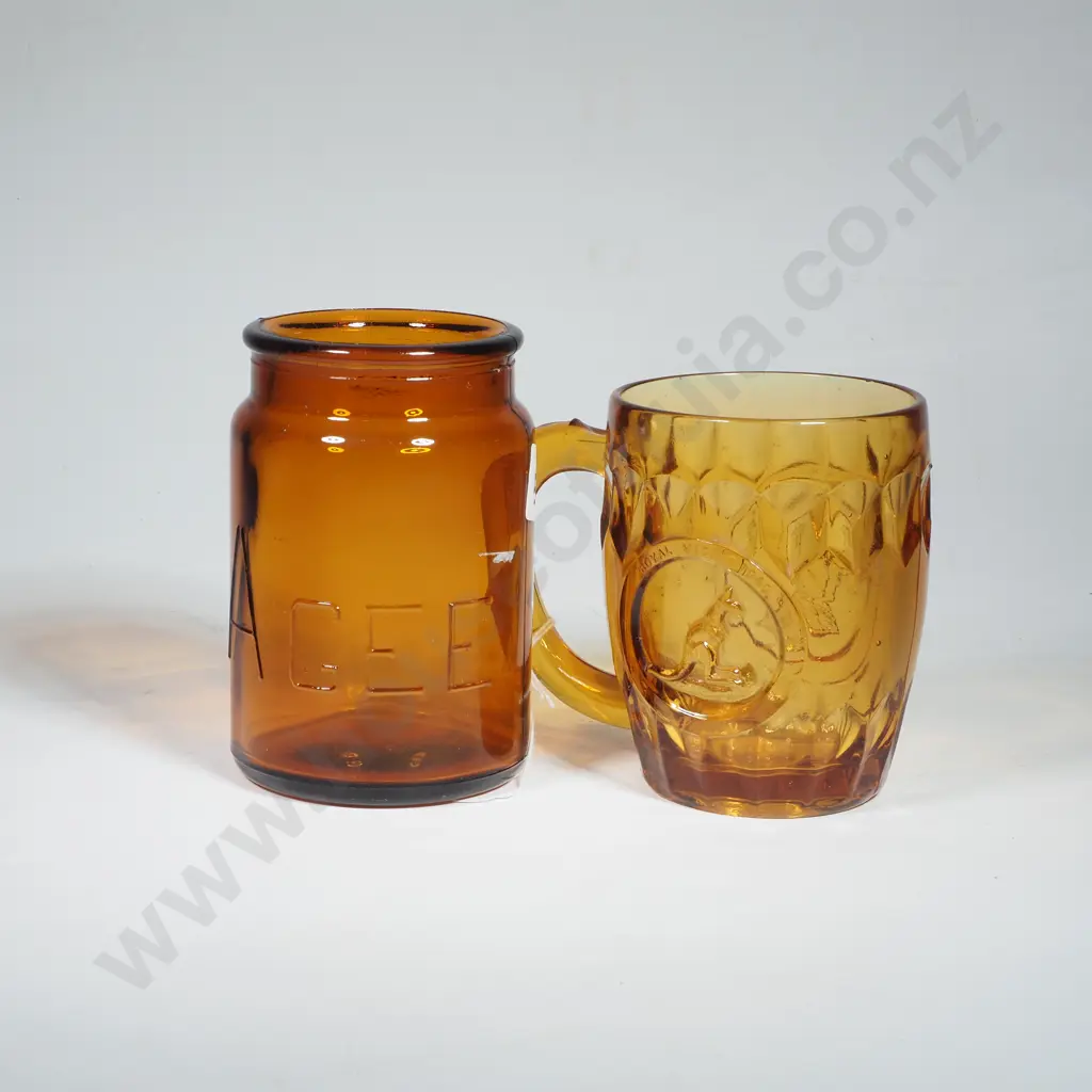 Amber Glass 'Royal Visit' 1949 w Embossed Kangaroo w George VI & Queen Elizabeth Verso & Amber Agee Glass Jar Image 1++
