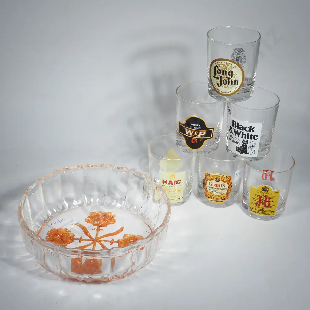 Vintage Zabkowice Carnival Gold Pansy Glass Bowl & Six Glasses w Assorted Whisky Logos Image 1++