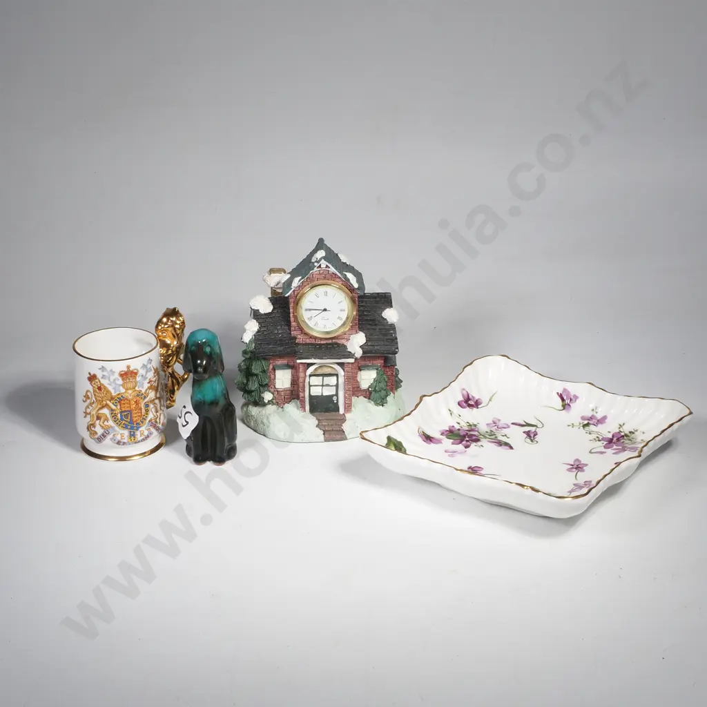 Quartz Resin Desk Clock, Miniature Blue Mountain Pottery Dog, Spode Trinket Dish w Violets & Coronation Mug 1953 Image 1++