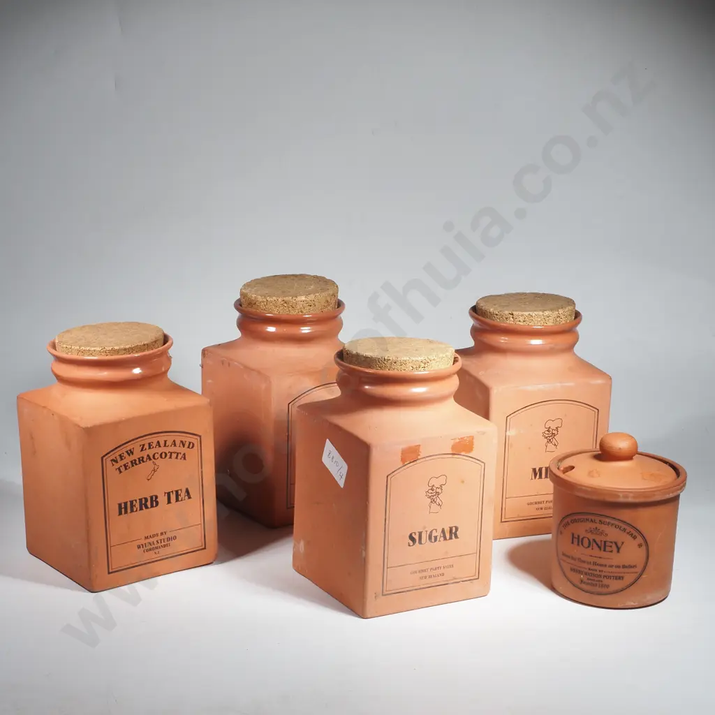 Four Terracotta Kitchen Storage Jars & a Terracotta Honey Pot Based On Henry Watson Pottery "Original Suffolk" Jars Image 1++