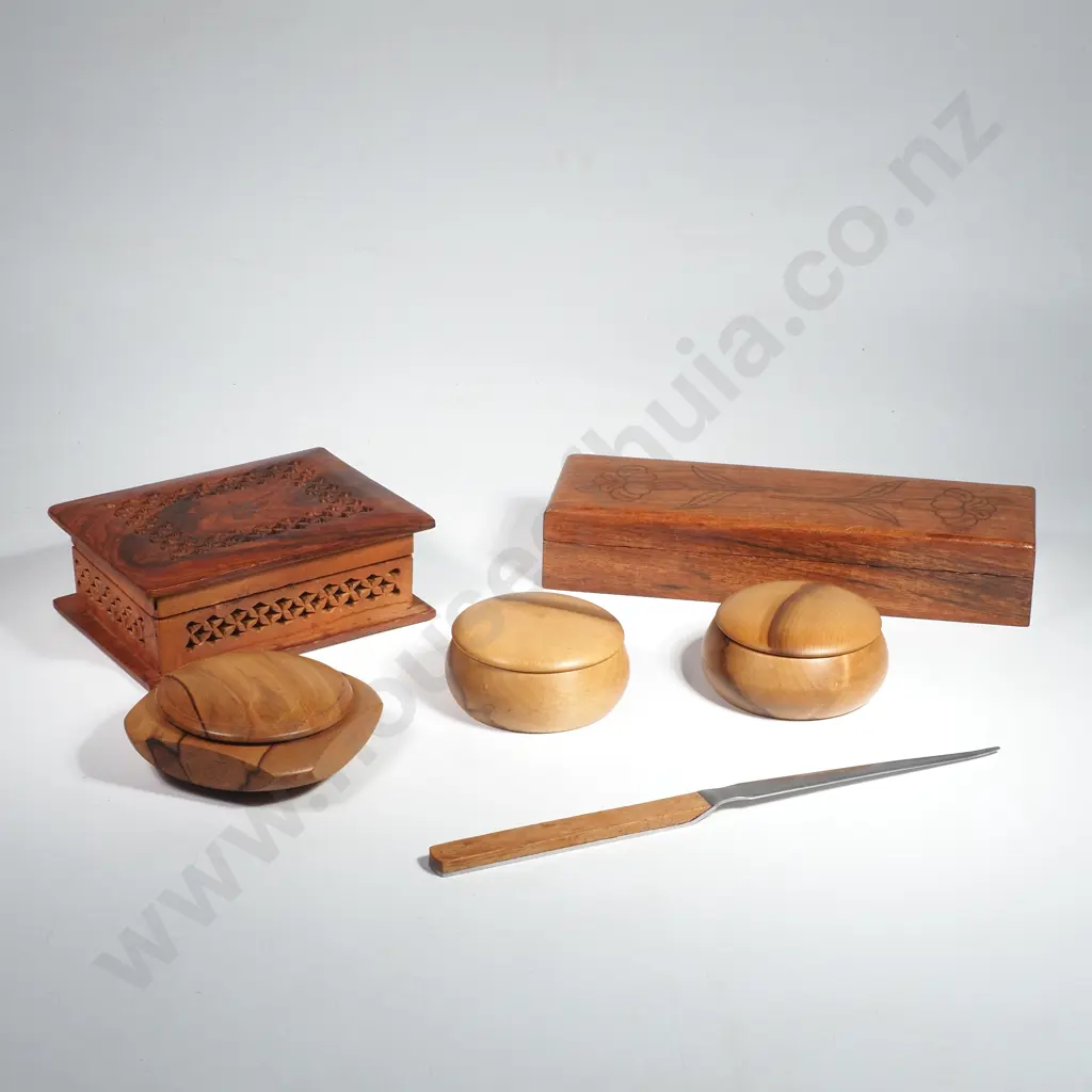 5 x Lidded Timber Trinket Boxes & a Wooden Handled Paper Knife Image 1++
