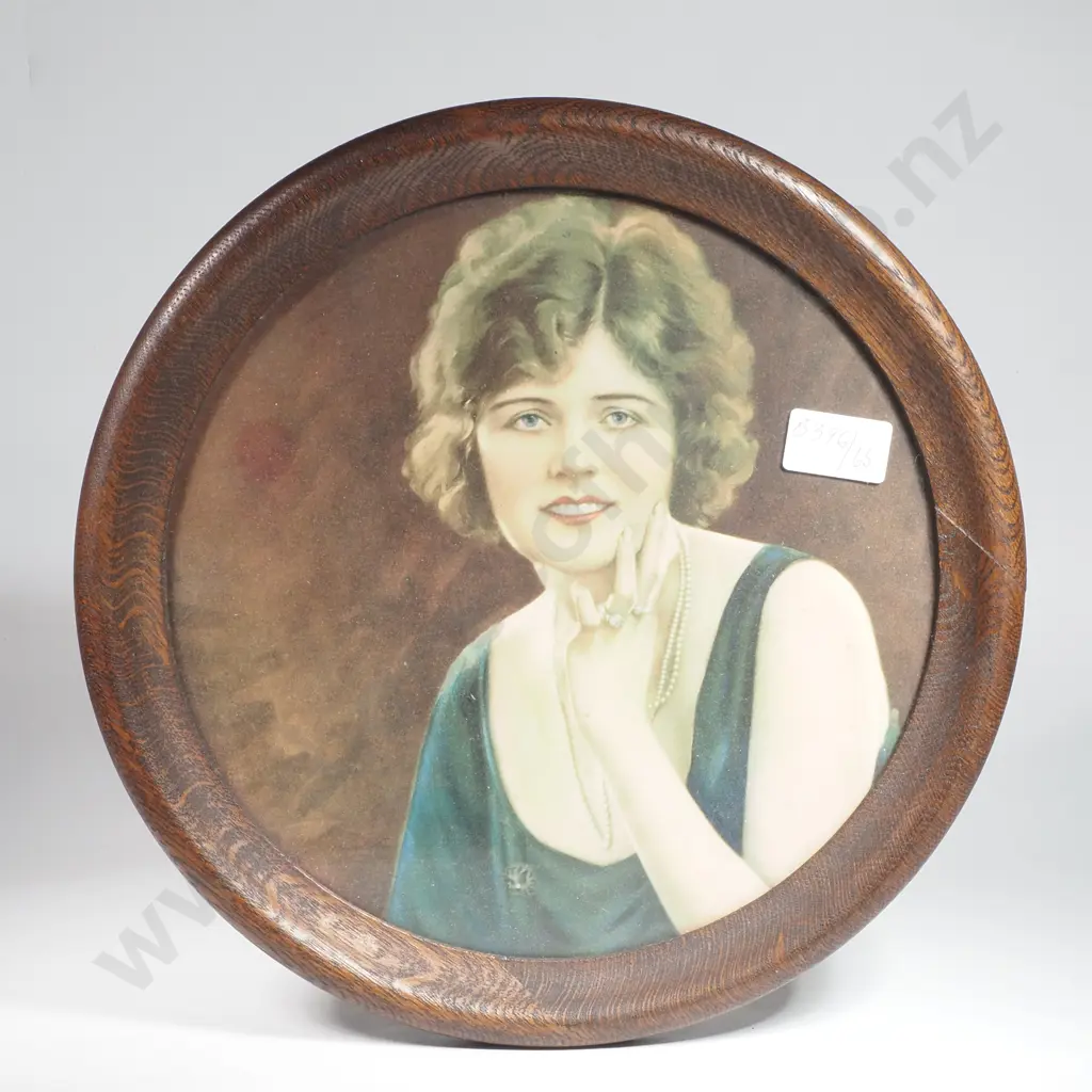 Round Oak Frame w Vintage Photograph of a Woman in Art Deco Style Attire Image 1++