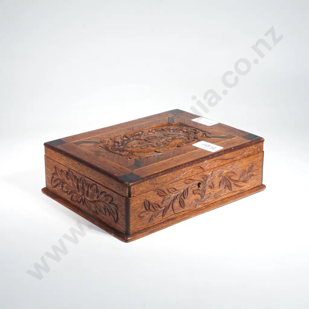 Antique Hand Carved Wooden Box w Geometric Marquetry Work - Circa 1900 Image 1++