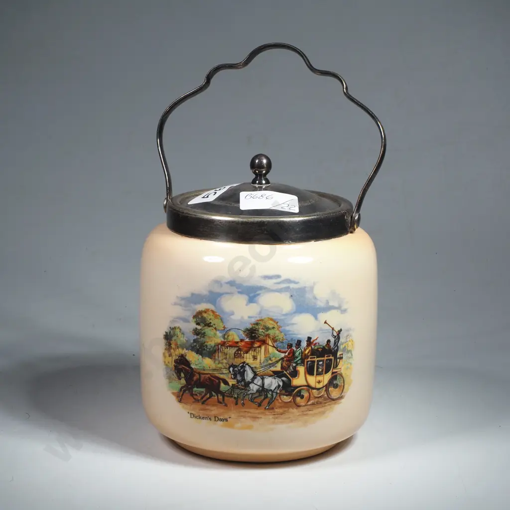 Vintage Pottery 'Dickens Days' Biscuit Barrel w EPNS Rim & Lid Image 1++