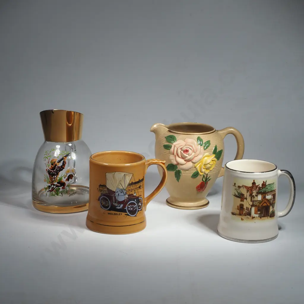 Wade Vintage Car Mug, Sandland Ware Mug, Brentleigh Jug w Embossed Rose Pattern & a Vintage Glass Jug w a Dog & a Hunter Image 1++