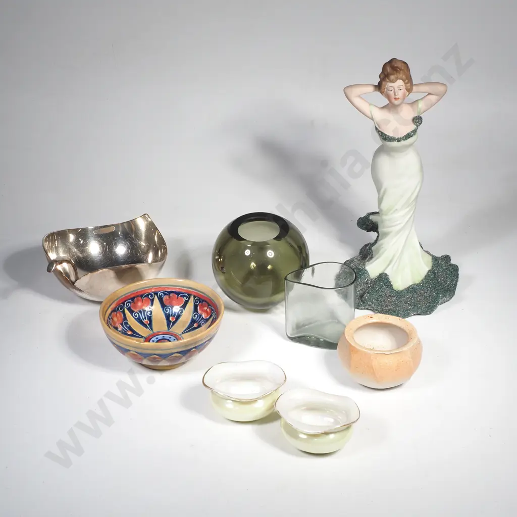 Bisque Figure of a Young Woman, Small Italian Lustre Bowl, Pair of Lustre Salts, Apple Shaped EP Small Bowl, Glass Items Image 1++