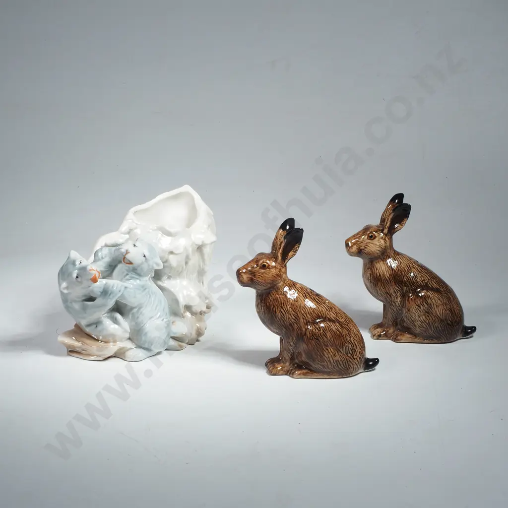 Pair of Quail Ceramics Hare Salt & Peppers & a Vintage Lustre Porcelain Vase w Two Polar bears on an Icy Crag Image 1++