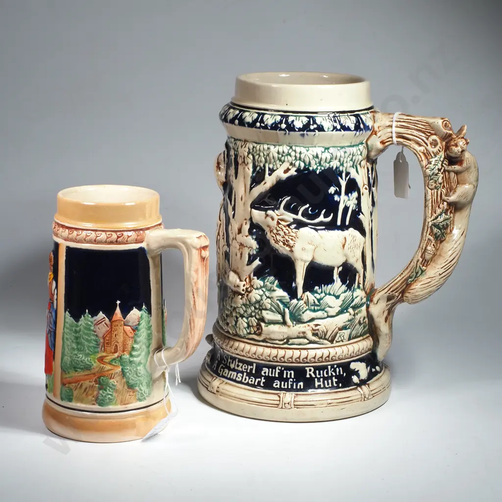 Large German Ceramic Relief Mug w a Hunting Motif & a Bavarian Folk Verse w a Smaller German Stein in Molded Relief Image 1++