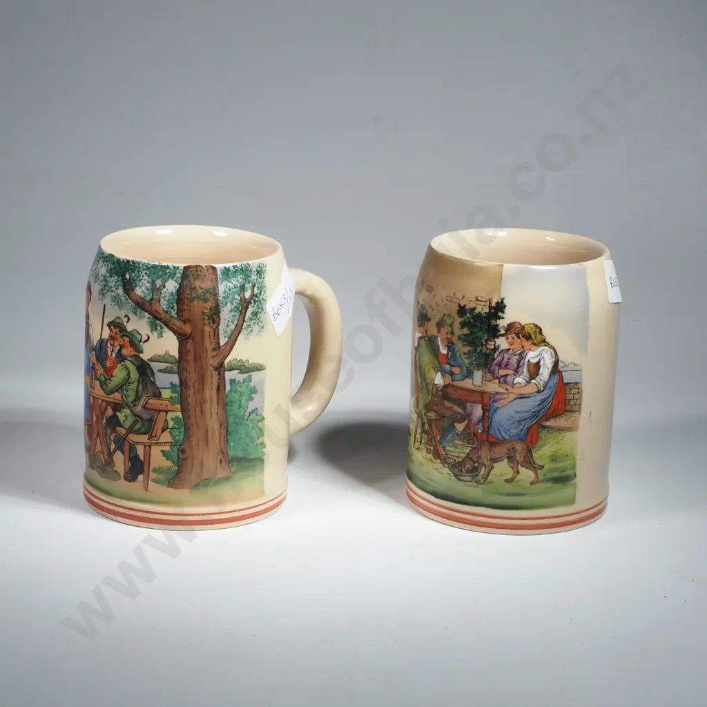 Pair of German 1/2 L Stoneware Beer Mugs w Colourful Transfer Printed Tavern Scenes Image 1++