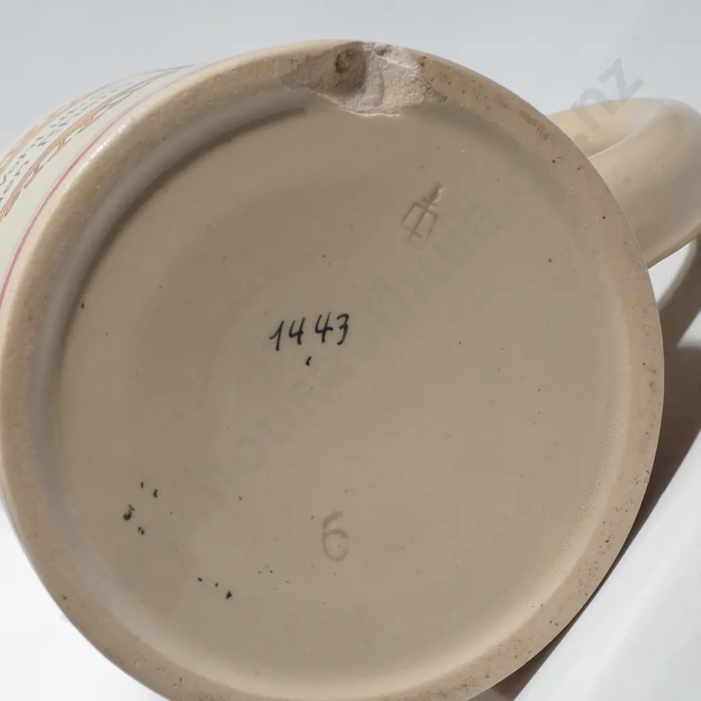 Pair of 1/2 Litre German Stoneware Drinking Mugs w Colour Transfers & Inscriptions from German Poetry Image 1++