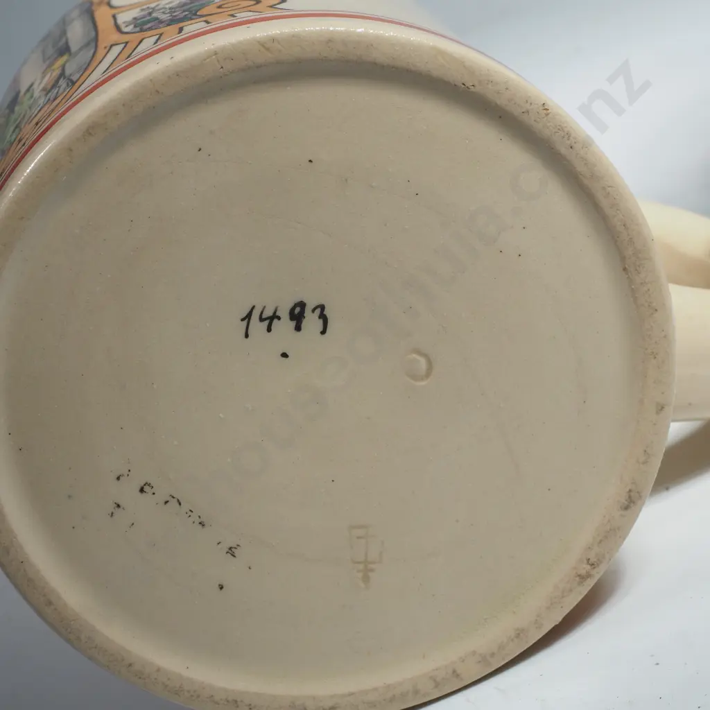 Pair of 1/2 Litre German Stoneware Drinking Mugs w Colour Transfers & Inscriptions from German Poetry Image 1++
