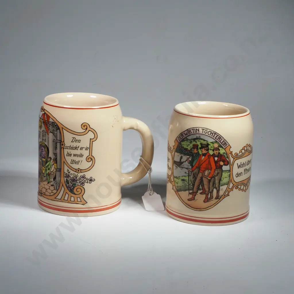 Pair of 1/2 Litre German Stoneware Drinking Mugs w Colour Transfers & Inscriptions from German Poetry Image 1++