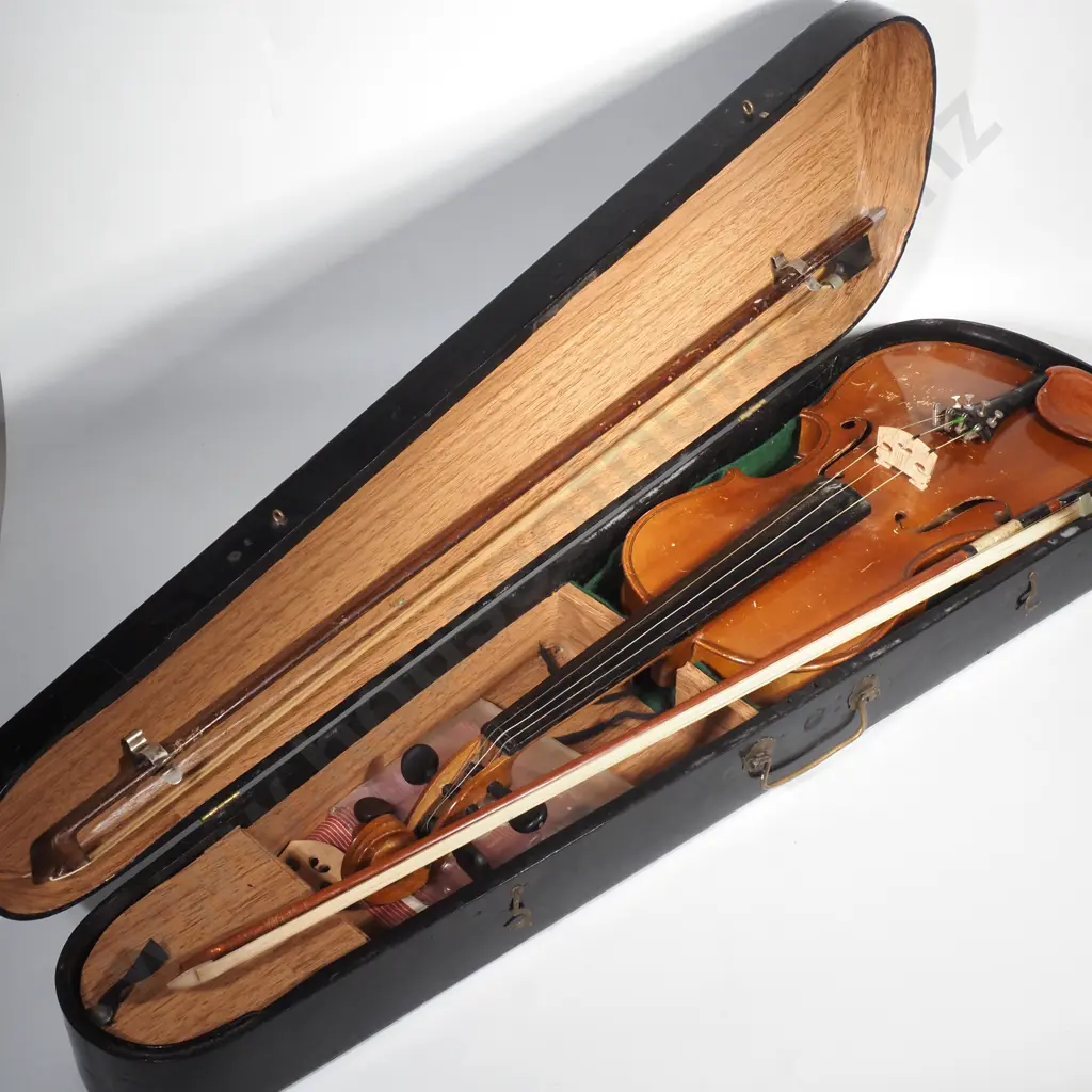 Cased Chinese Full Sized Violin w Two Bows, Extra Bridge & Hidersine Rosin Image 1++