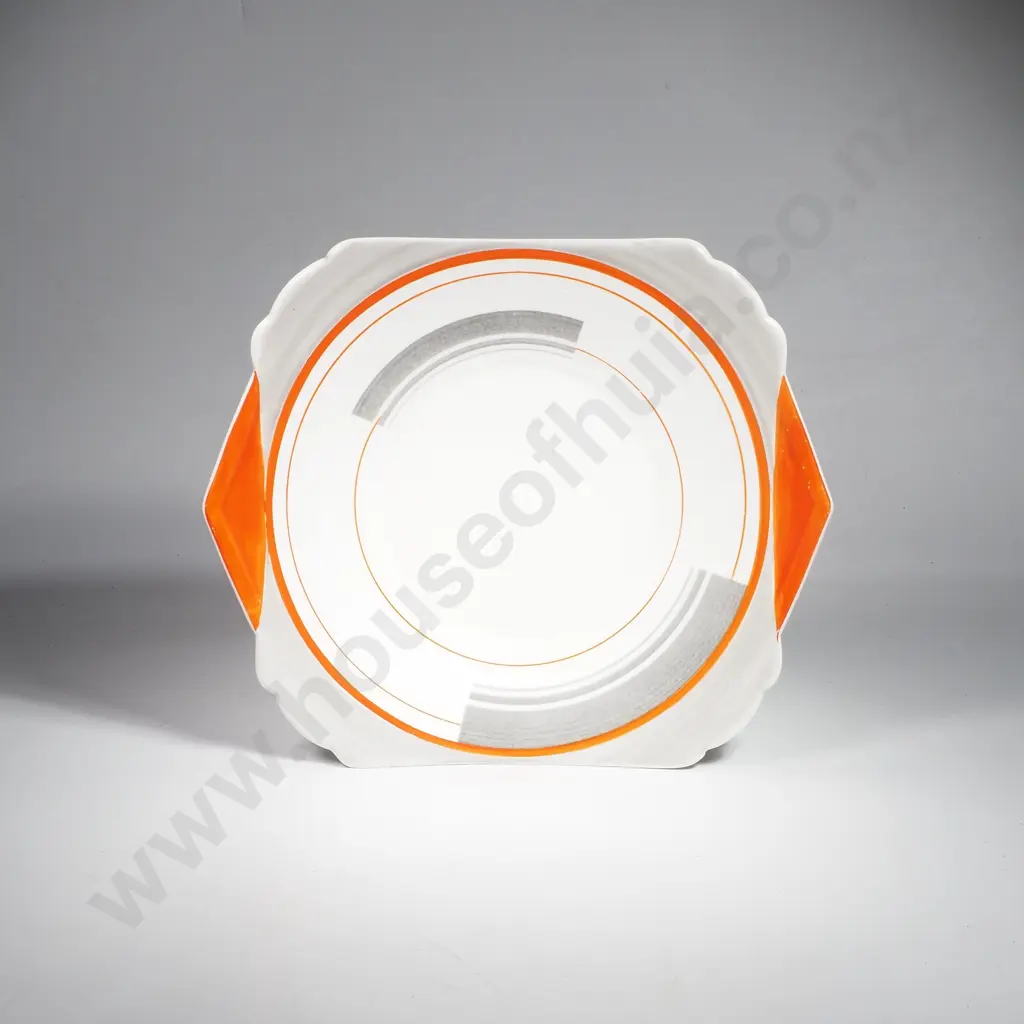 Shelley Art Deco Plate in the Bands & Lines Pattern 12132 Design w Orange & Grey Geometric Motif on Square Regent Shape Image 1++