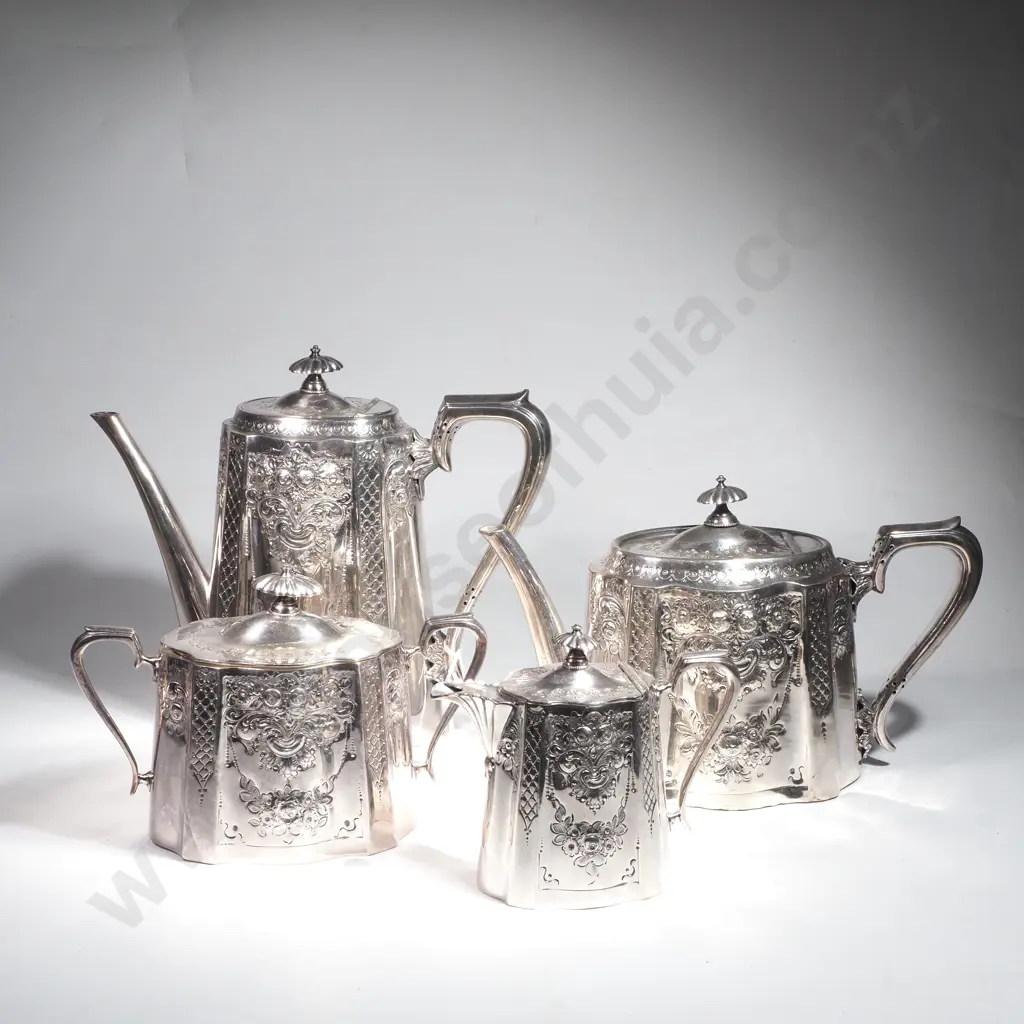 Antique Four Piece Ornate Silver Plate Teaset comprising Teapot, Coffee Pot, Sugar Bowl & Cream Jug Image 1++