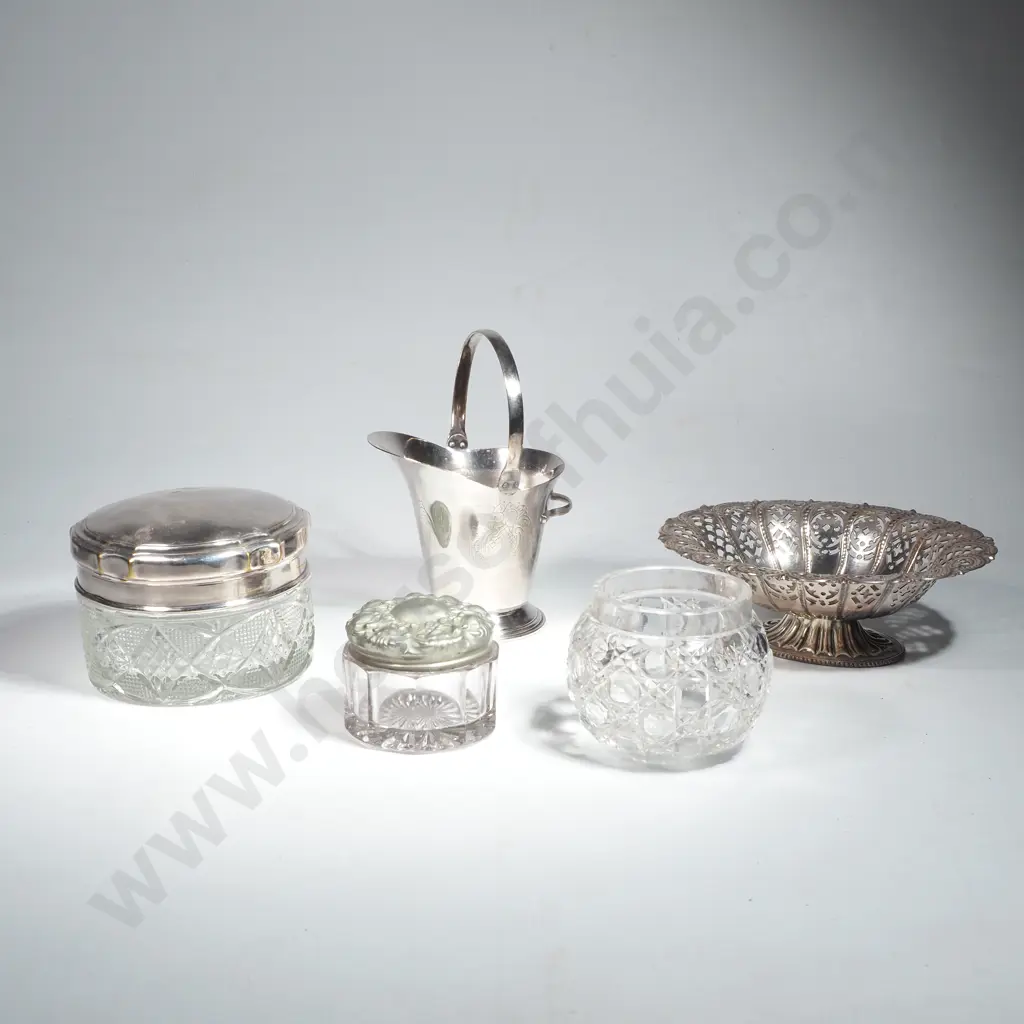 Silver Plated Lidded Powder Bowl x 2, Pierced Bon-Bon Dish, Lidded, Helmet Shaped Sugar Bowl & Hobnail Glass Bowl Image 1++