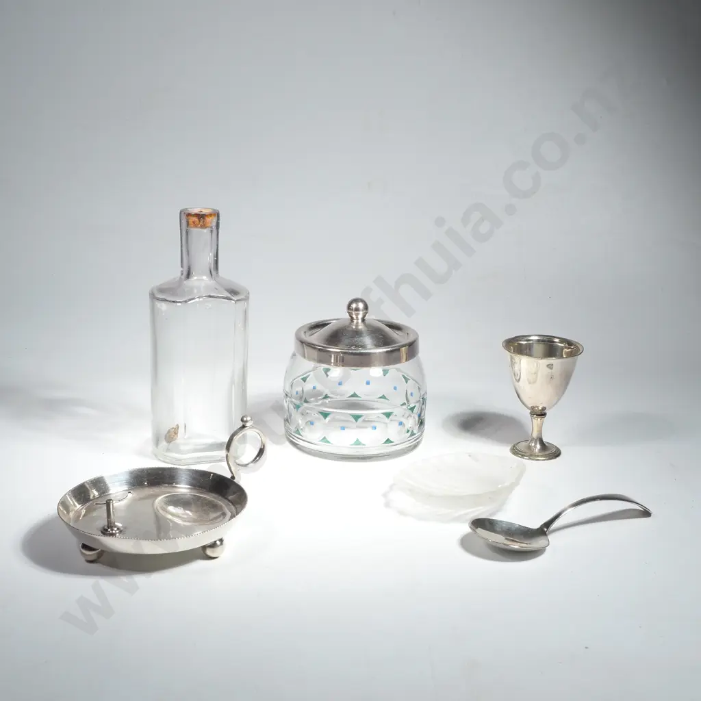 Sheffield Plate Strainer, Vintage Bottle, Single EP Egg Cruet, EP & Glass Jam Pot w Small Ladle Image 1++