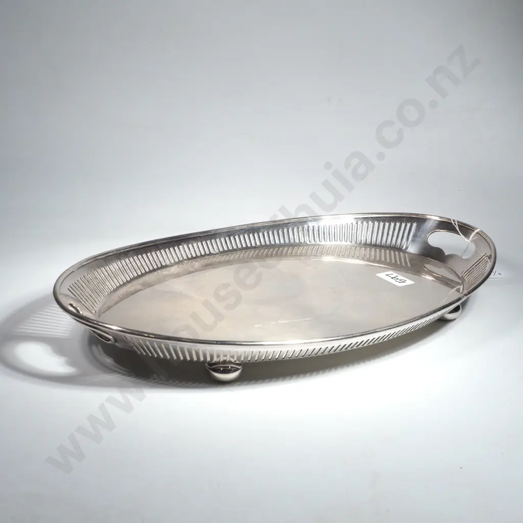 Oval Silver Plated Tray w Pierced Gallery & Cut Out Handles on Four Bun Feet Image 1++