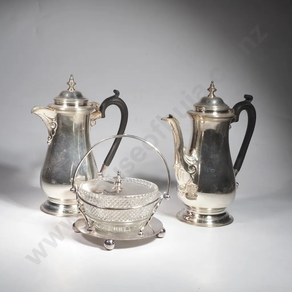 Silver Plated Coffee Pot & Water Jug w Ebony Handles & a Silver Plated Sweet/ Butter Dish w Glass Inset Image 1++