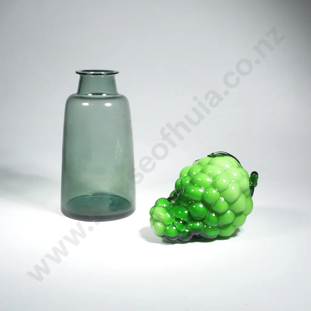 Mid Century Green Glass Bottle Vase & Vintage Blenko Molded Art Glass Grapes Image 1++