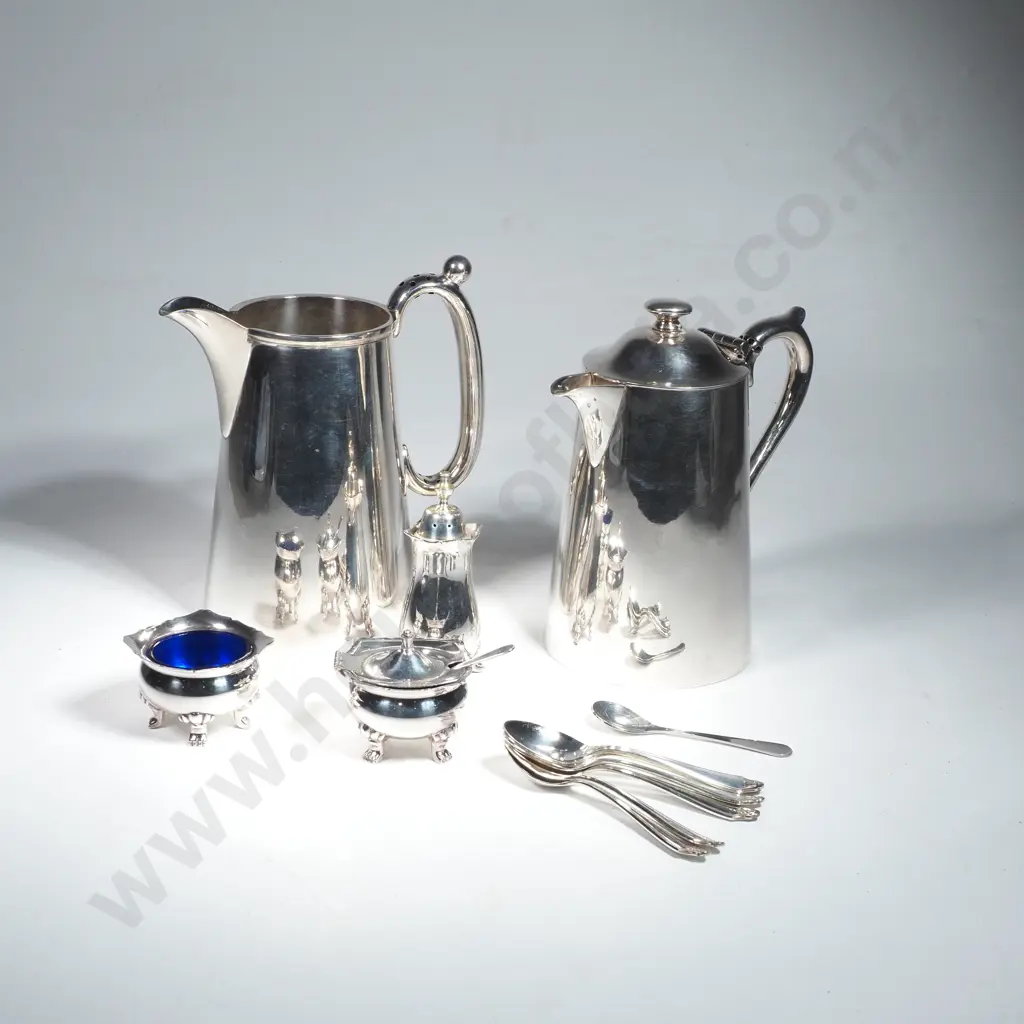 Silver Plate Coffee Pot, Hot Water Jug, Condiment Set Comprising Salt, Pepper & Mustard & Six Coffee Spoons Image 1++